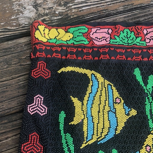 Corde Beaded Bag Drawstring Satchel Fish Ocean Black Green Yellow Vintage 80s - Picture 3 of 8